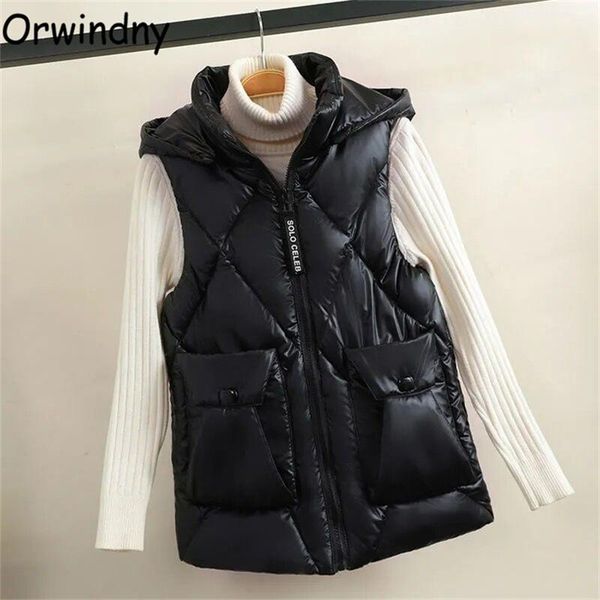 

women's vests orwindny autumn winter vest women hooded cotton warm short waistcoat solid big pockets sleeveless jacket coat windproof p, Black;white