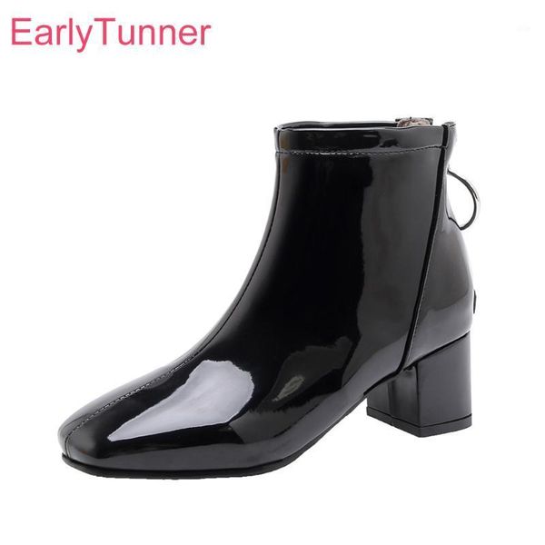 

boots brand glossy black red women ankle fashion med sqaure heels lady bridal shoes eh123 plus big small size 10 30 43 45 511
