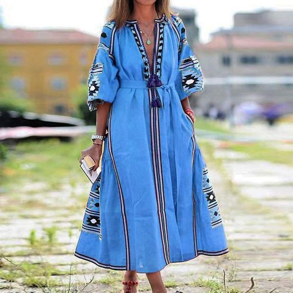 

women dress 2021 vonda v neck long sleeve dresses autumn bohemian vestidos loose beach sundress s-5xl elegant long robe, Black;gray