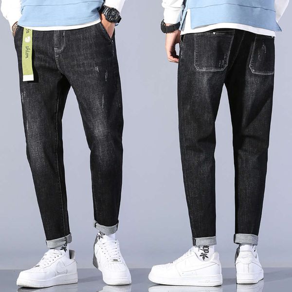 

ins spring and autumn tide brand black grey jeans slim fit men's harlan small foot fashion pants elastic casual versatilewinter, Blue
