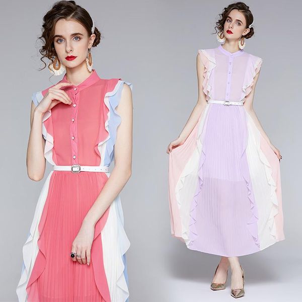 

casual dresses simgent summer womens ruffles pleated color-block bleted stand color sleeveless long dress woman clothing robe sg1514, Black;gray