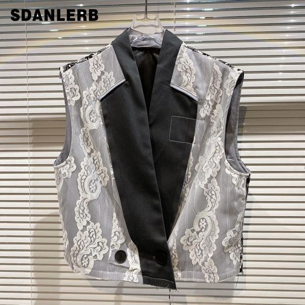 

women's vests women suit vest 2021 summer british style outer mesh crochet patchwork short sleeveless print female waistcoat, Black;white