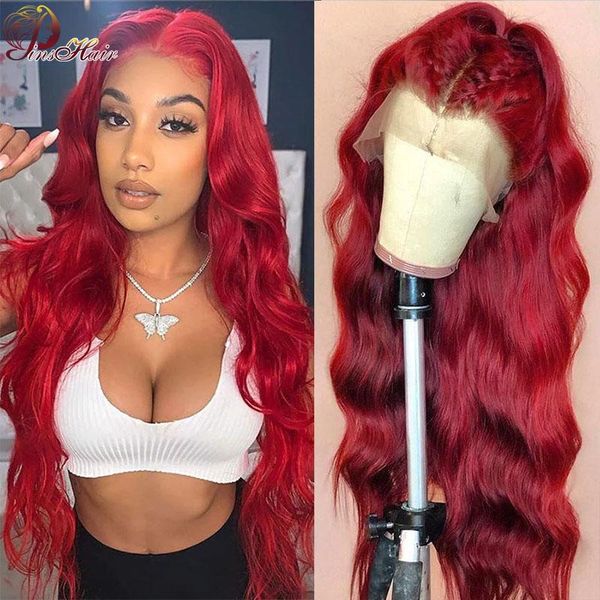 

lace wigs red burgundy 99j front human hair body wave colored transparent wig remy pinshair 180, Black;brown