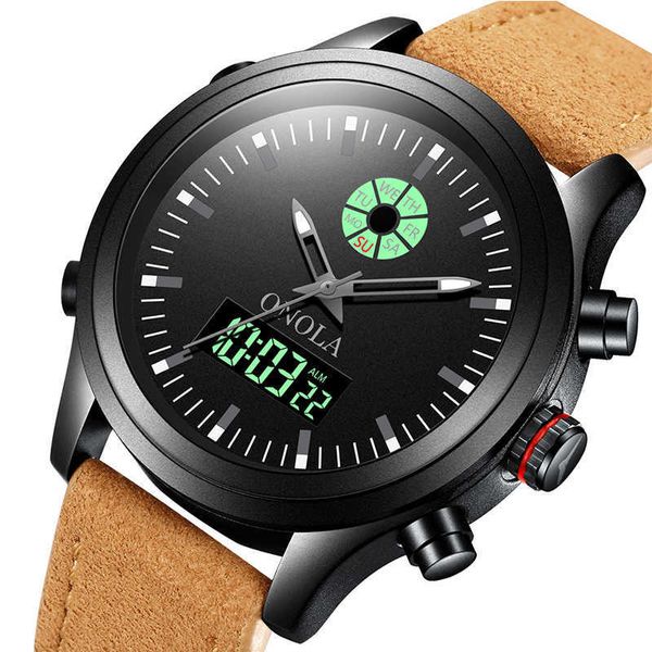 Mode Dual Display Herrenquarz Elektronische Uhr Leder Armband Leuchtende Anzeigen Wasserdichte Sport Digital Herrenuhren G1022