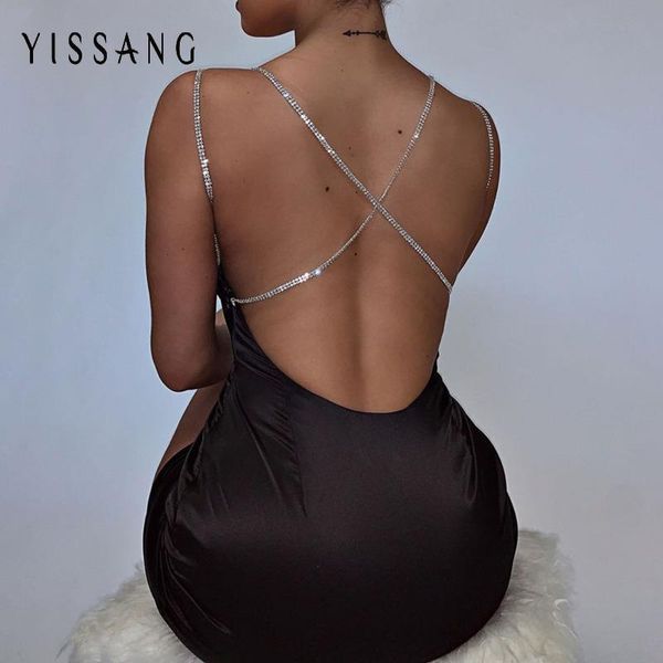 

yissang diamond women dress strap backless party bodycon short dresses sparkle summer night club wear black satin dress, Black;gray