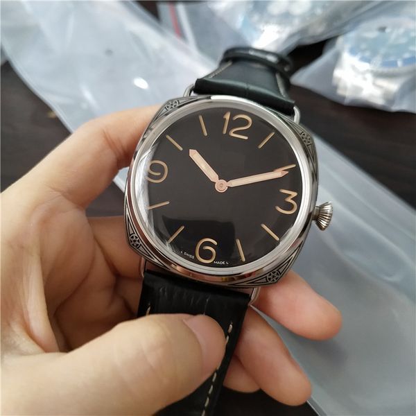 

new arrivals male watch mechanical hand wind movement stainless steel watches black dial man wristwatch leather strap 47mm pa02, Slivery;brown