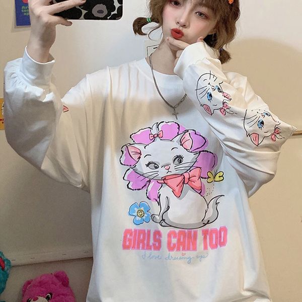 

2021 new kawaii graphic cute cat print white blue crewneck sweatshirt long sleeve spring fall oversized hoodie women harajuk 186 j8xi, Black