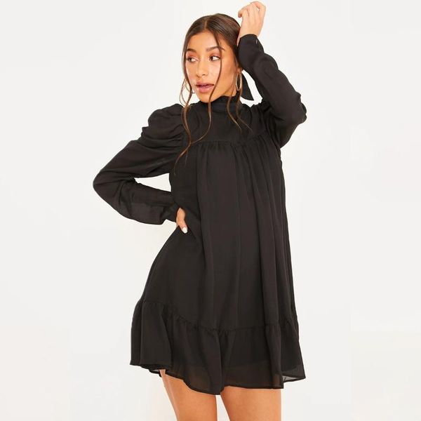 

casual dresses donsignet women dress autumn 2021 long sleeve stand collar pleated for solid color vestido feminino, Black;gray