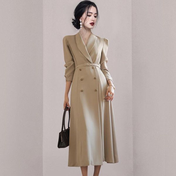 

women's trench coats autumn elegant windbreaker khaki maxi dress korean clothing femme robe slim suit collar double-breasted coat with, Tan;black