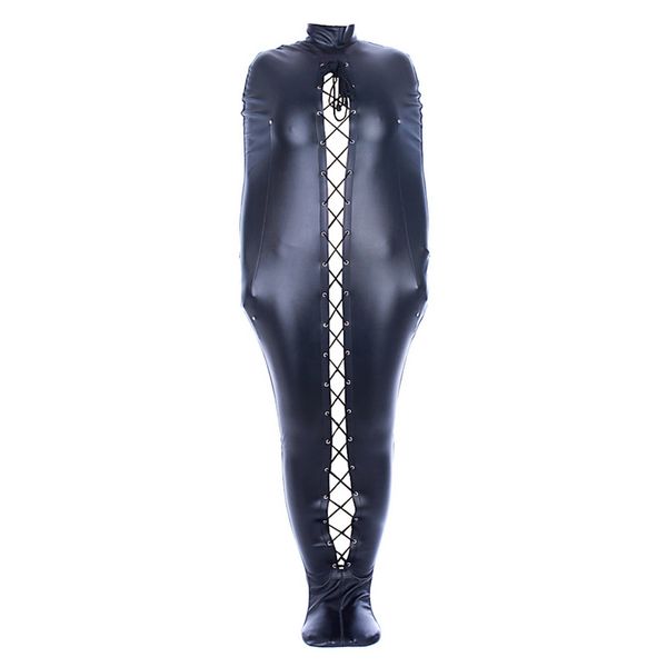 Bdsm Bondage Restraints Gear Pu Imbracatura in pelle Abbigliamento Full Body Bag con testa aperta Giocattoli per adulti Schiava del sesso Fetish Man Gay