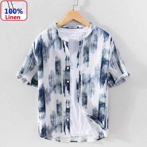 

2021 spring summer new style 100% linen men's short-sleeved shirt casual chinese printing stand-up collar youth linen shirt 1019, White;black