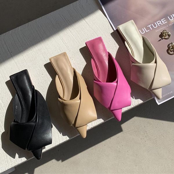 

slippers 2021 women flat heel slides slip on mules shoes for woman fashion pleated female flip flops elegant, Black