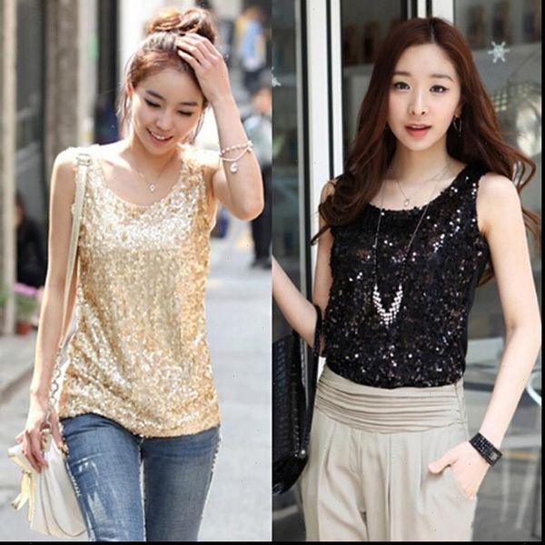

fashion plus size sleeveless tank sequined vest women o neck tank tanks solid color silver gold camis, White