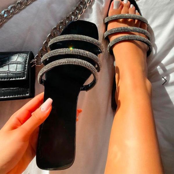 

women slip on crystal slippers ladies blling summer beach flats shoes female fashion casual narrow band slipper woman shoe 2021, Black