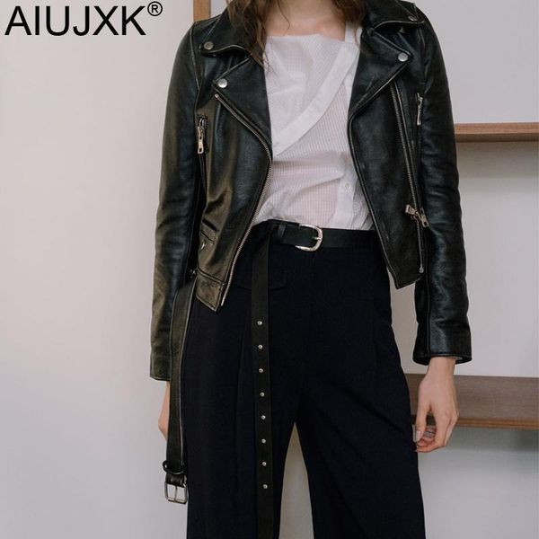 

women's leather & faux aiujxk 2021 fall winter black pu jackets women zipper basic coat motor biker female jacket with belt coats