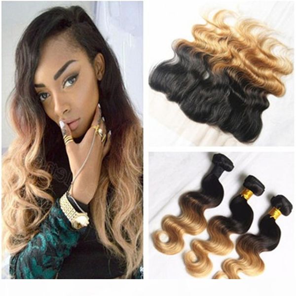 

two tone 1b 27 honey blonde ombre brazilian virgin hair bundles with frontal body wave light brown ombre 13x4 lace frontal with weaves, Black