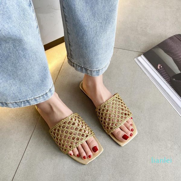 Pantofole Weave Flat Women Open Toe Slides Summer Outdoor Sandali traspiranti 2021 Black Gold Silver