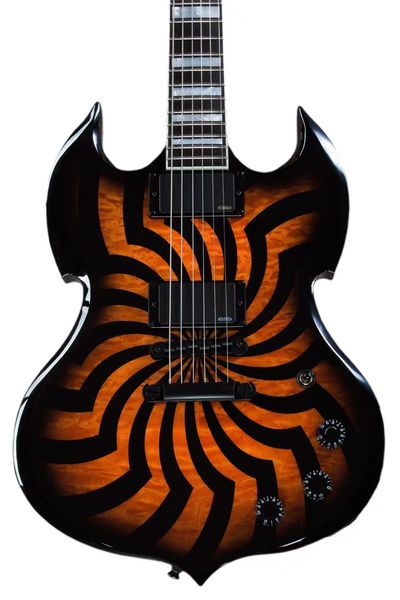 Wylde Audio Barbarian HellFire Black Buzzsaw Orange SG E-Gitarre, Decke aus gestepptem Ahorn, großes Block-Inlay, 3-Gang-Regler, China EMG-Tonabnehmer
