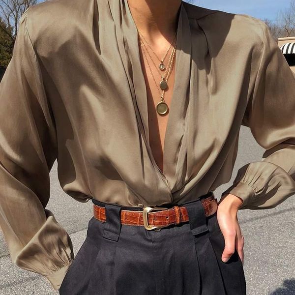 

celmia fashion blouses women's satin shirts 2021 autumn casual lantern sleeve v-neck slik button elegant office blusas, White