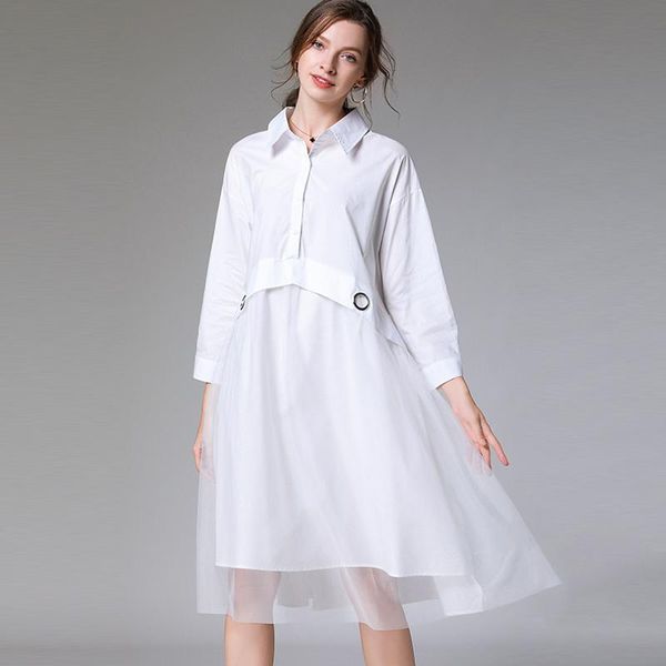 

casual dresses spring large size ladies' grenadine patchwork loose show thin elegant dress plus long sleeve fashion turn-down collar, Black;gray