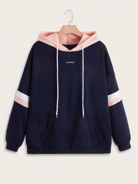 

plus color block and letter graphic drawstring hoodie k5h1#, Black