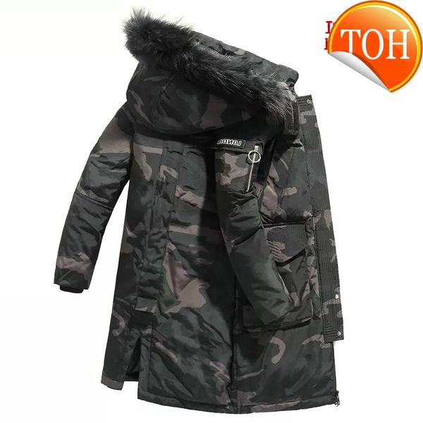 

winter down jacket men -30 degrees warm white duck camouflage coat fur collar windbreaker long parkas coats size m-3xl, Black