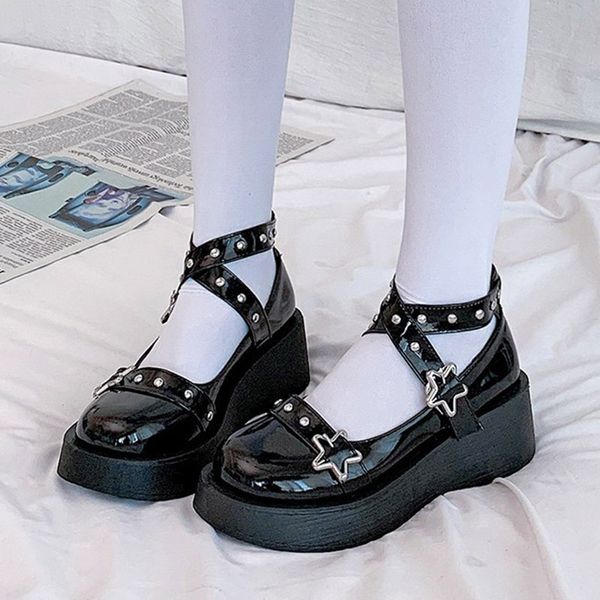 

lolita shoes star buckle mary janes shoes women cross-tied platform shoes patent leather girls rivet casual 8570n, Black;white