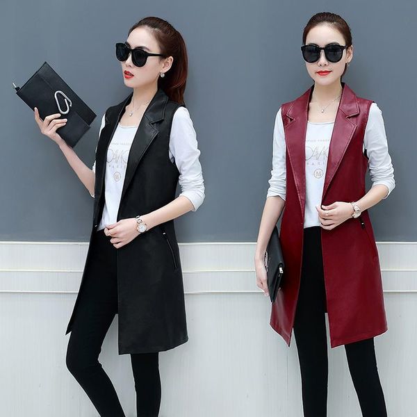 

women's leather & faux women long vest pu ladies turn-down collar blazer pocket waistcoat colete female jackets, Black
