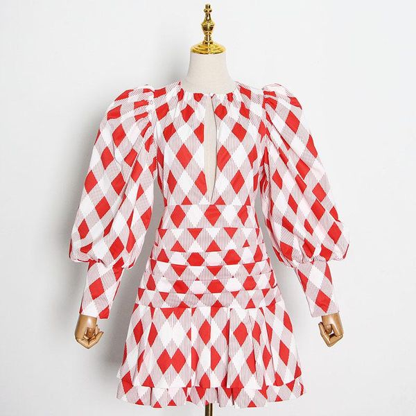 

casual dresses women plaid dress spring autumn lantern sleeve hollow out high waist tunic, Black;gray