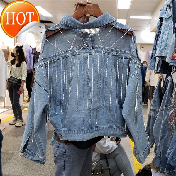 

women's vests denim jacket 2021 spring and summer personalized heavy industry with hollow tassels on the back, Black;white