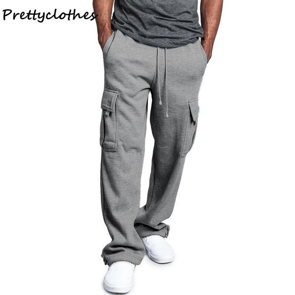 

men's pants men fitness sweatpants casual drawstring elastic waist solid color pocket trousers loose sports fashion full length, Black