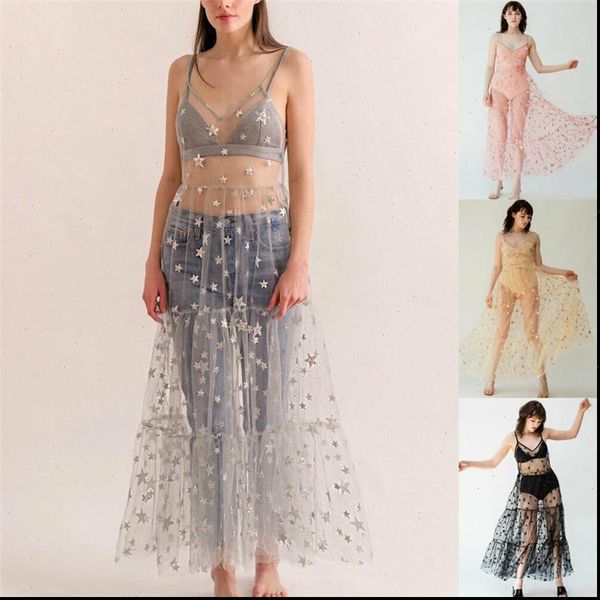 

sweet women girls mesh sheer long dress star print bikini cover up sleeveless strappy v neck lady see through long dress, Black;gray