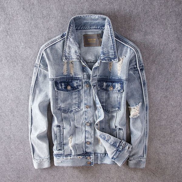 

2021 new fashion streetwear jackets retro light blue destroyed hip hop denim jacket men cotton coats style chaqueta homme wv50, Black;brown