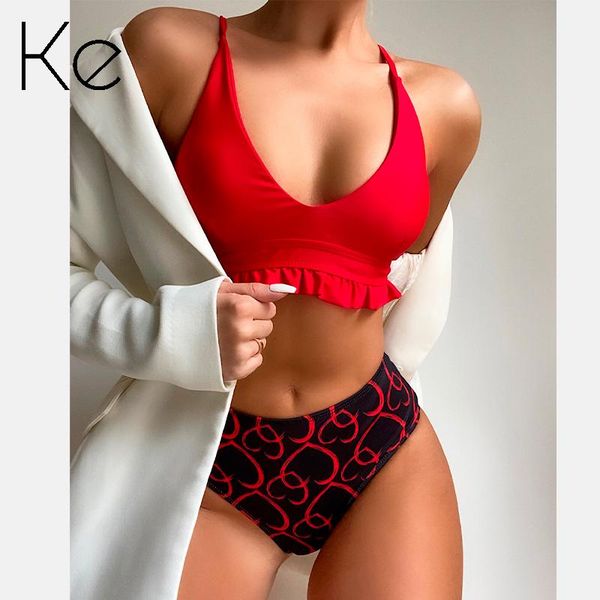 

women's swimwear ke 2021 red white ruffle print hearts split swimsuit bikini, White;black