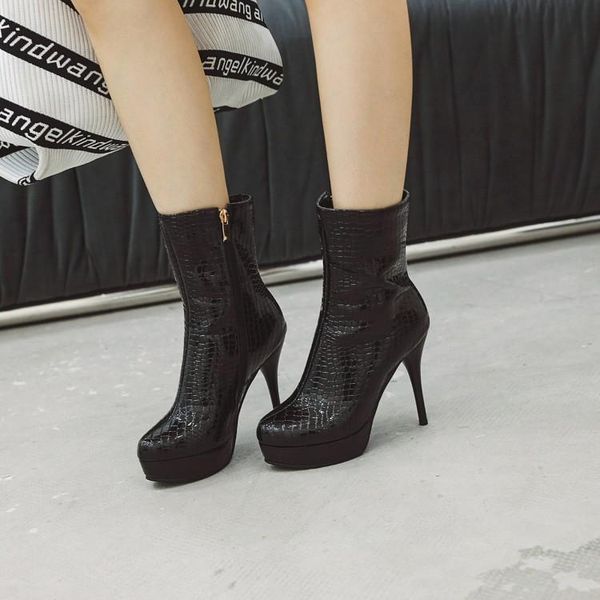 

boots big size 9 10 11-17 women shoes ankle for ladies woman winter round head and high heel, Black