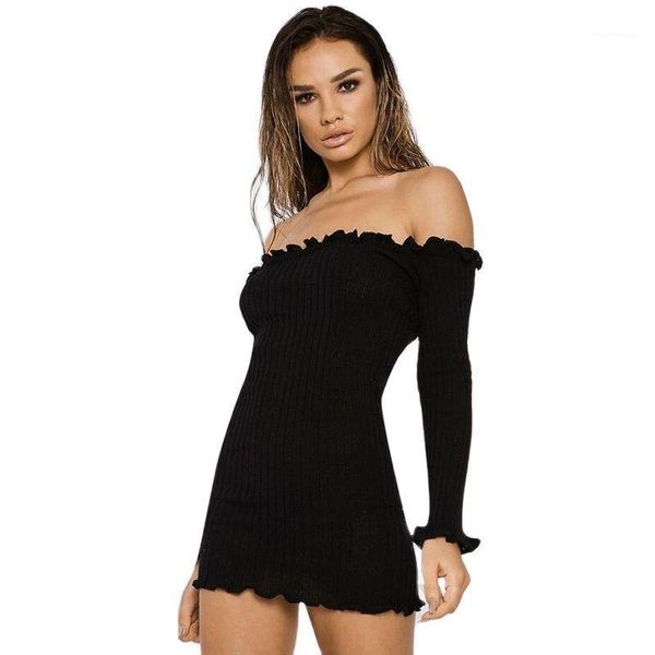 

casual dresses fashion autumn winter off shoulder knitted bodycon dress long sleeve vestidos club night slim maxi sweater, Black;gray