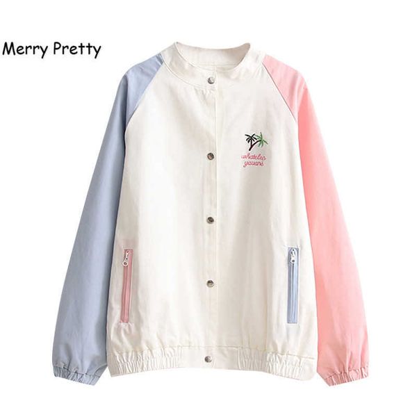 

merry pretty preppy style autumn cotton jacket women long sleeve button teens coat fashion embroidery patchwork bomber jackets 210526, Black;brown