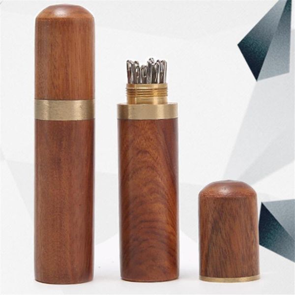 

hand sewing needles embroidery mending housing case durable practical wood box leather knitting craft punch hand tool, Black