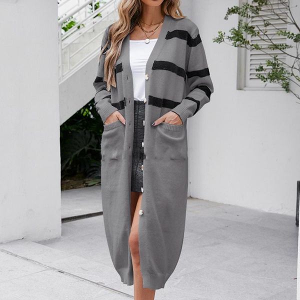

women's knits & tees 2021 autumn winter sweater striped knitted cardigan casual loose female v-neck mid-length pull femme women clothin, White