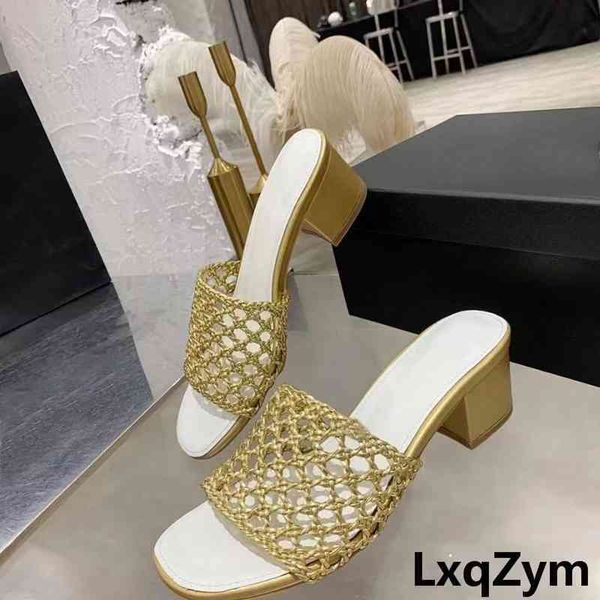 

official website 70% off outlet mesh slippers pumps round toe knitted shoes square high heels see through bridal wedding sandals weaving, Black