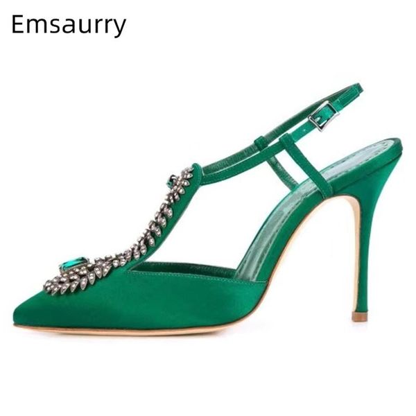 

dress shoes green diamond decor summer gladiator sandals women thin high heels pointed toe t-strap luxury rhinestone 2021 party woman, Black