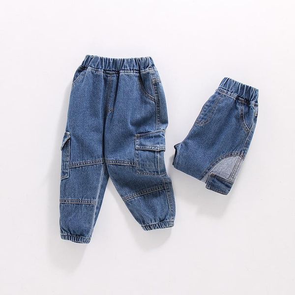 

jeans boys pocket cowboy pants children's clothes baby retro splice loose toddler autumn winter kids thick long pant trend, Blue