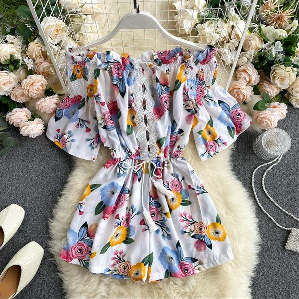 

singrain women slash neck print short rompers hollow high casual loose rompers boho vacation beach wide leg pants rompers, Black;white