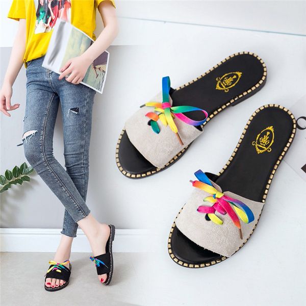 

fashion summer ladies women lace-up around the nose flat sandals slippers wild deep moon beach women's shoes, Black