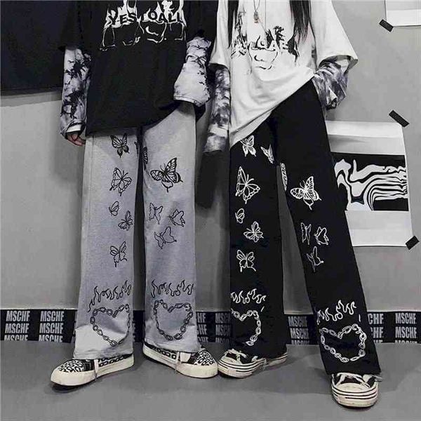 

autumn winter pants women men clothes korean harajuku style retro butterfly print wide-leg high-waist casual trousers, Black;white