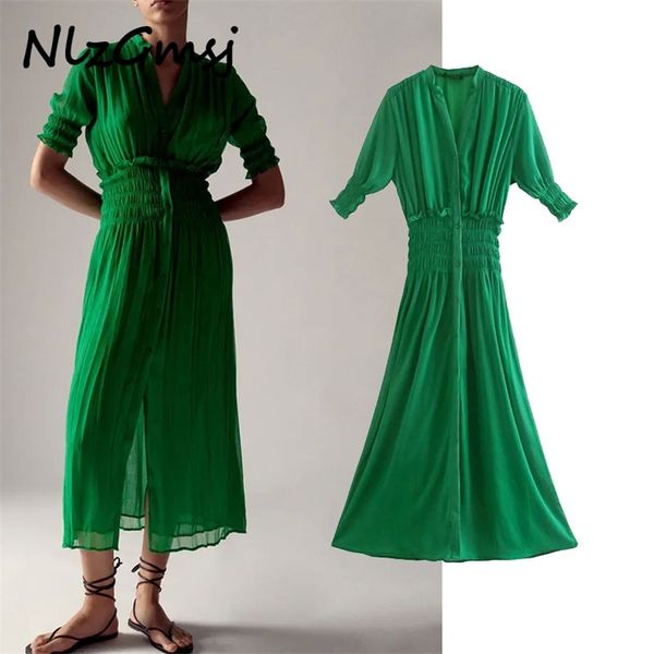 

summer dres short puff sleeve elastic waist vintage midi es woman button up lining party 06 210628, Black;gray