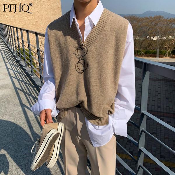 

men's vests pfhq 2021 fashion loose korean style trendy waistcoat v-neck sleeveless knitted sweater vest autumn and winter 21e4663, Black;white