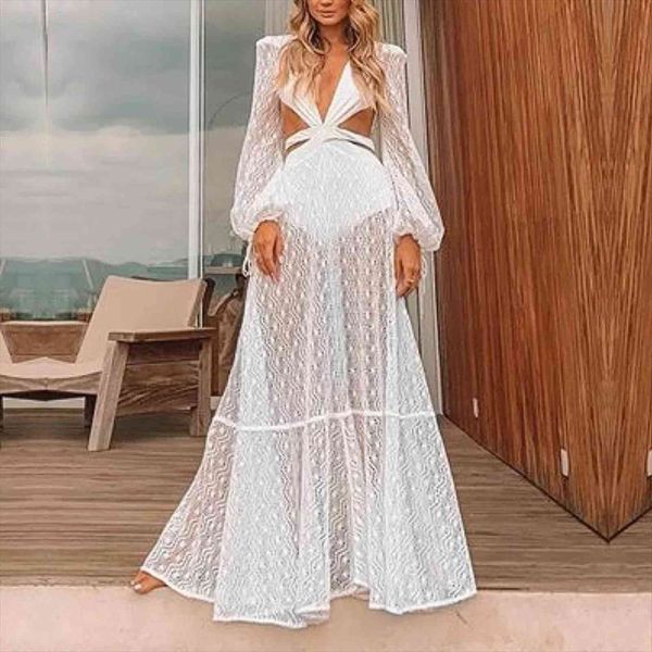 

deep v mesh perspective womens dress white elegant summer hollow out long sleeve club party dresses, Black;gray