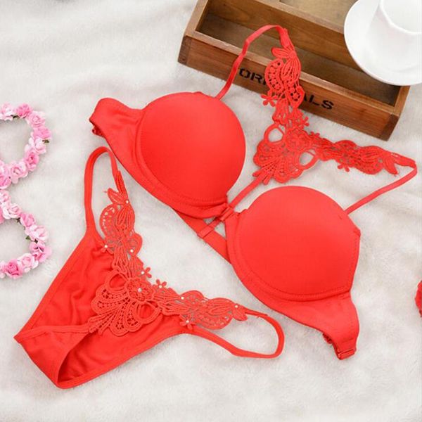 

2021 new underwear bra set thong set ultra-thin lace female bra push up three quarters(3/4 cup, Red;black