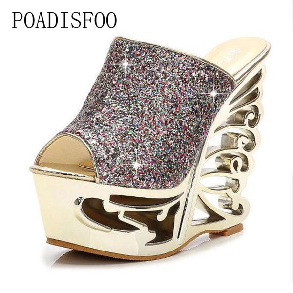 

dress shoes ltarta 2021 gold sliver super high heels peep toe platform thick wedge heteromorphic heel ctystal .zyw-1076-2, Black